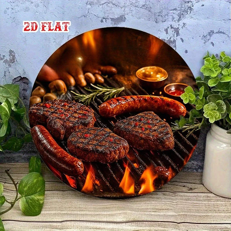 2D Metal Sign, Sausage BBQ Metal Tin Sign, Grilling Enjoyment Country Metal Wall Art for Home Garage Restaurant Cafe