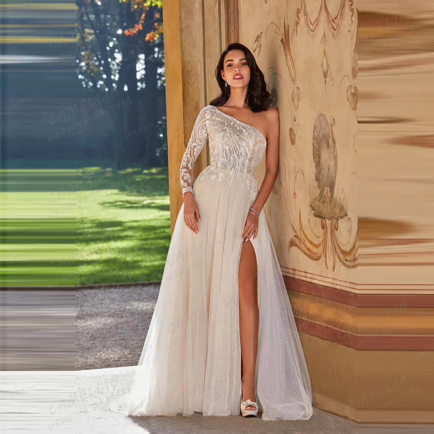 

Luxury 2025 Women's Wedding Dresses A Line One Shoulder Sexy Appliques Side High Split Bridal Gowns Vestidos De Novia Customized