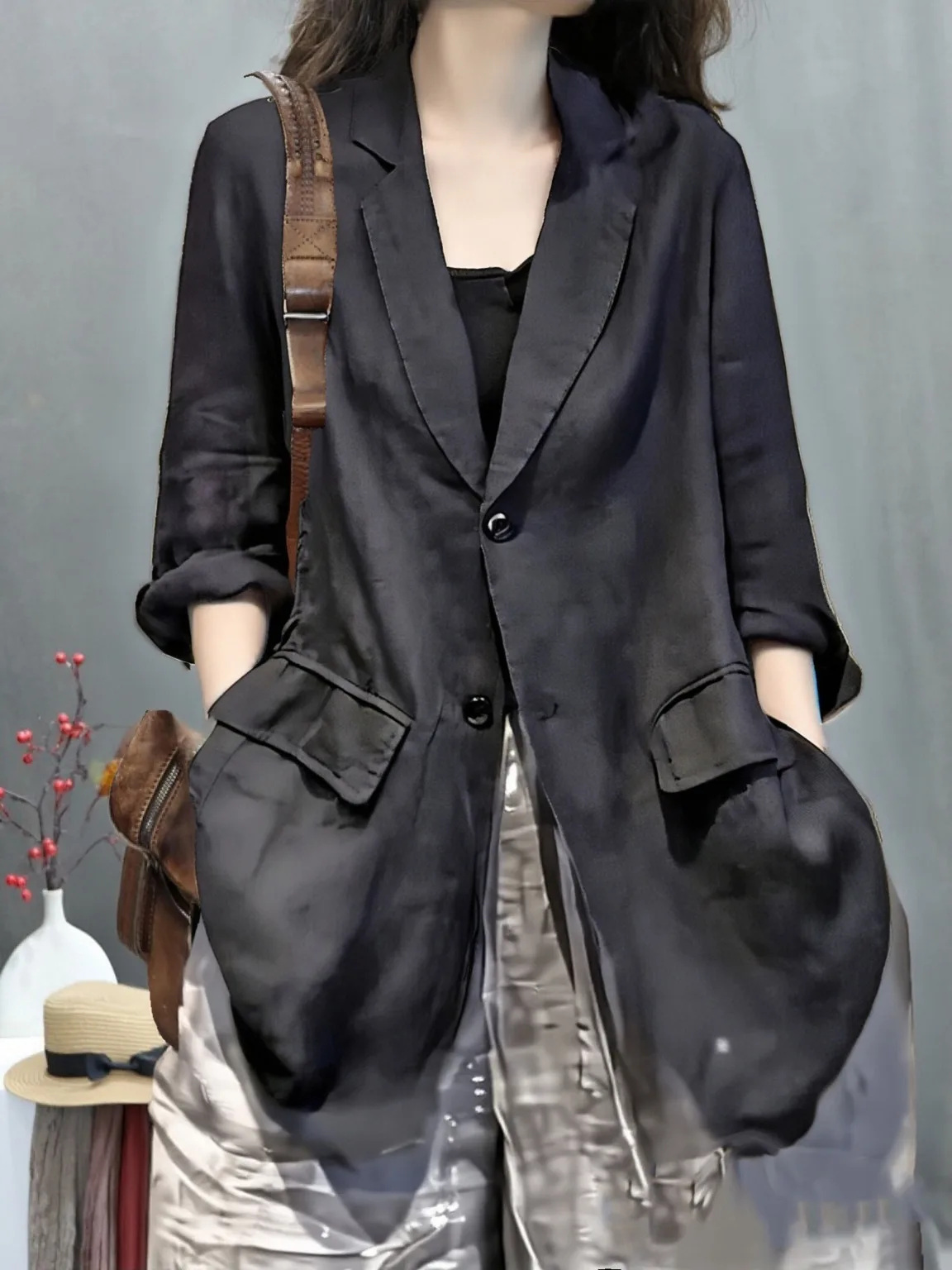 

Льняной костюм Bla Jaet, женская свободная посадка, модная верхняя одежда средней длины из полиэфирного волокна V-Ne Long Sve на одной пуговице