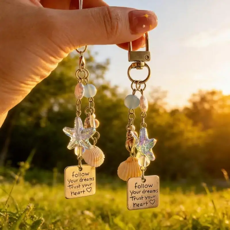 Iridescent Bead Charm Keychain Inspirational Quote Engraved Anti-fade Women Shoulder Bag Decoration for BFF Present
