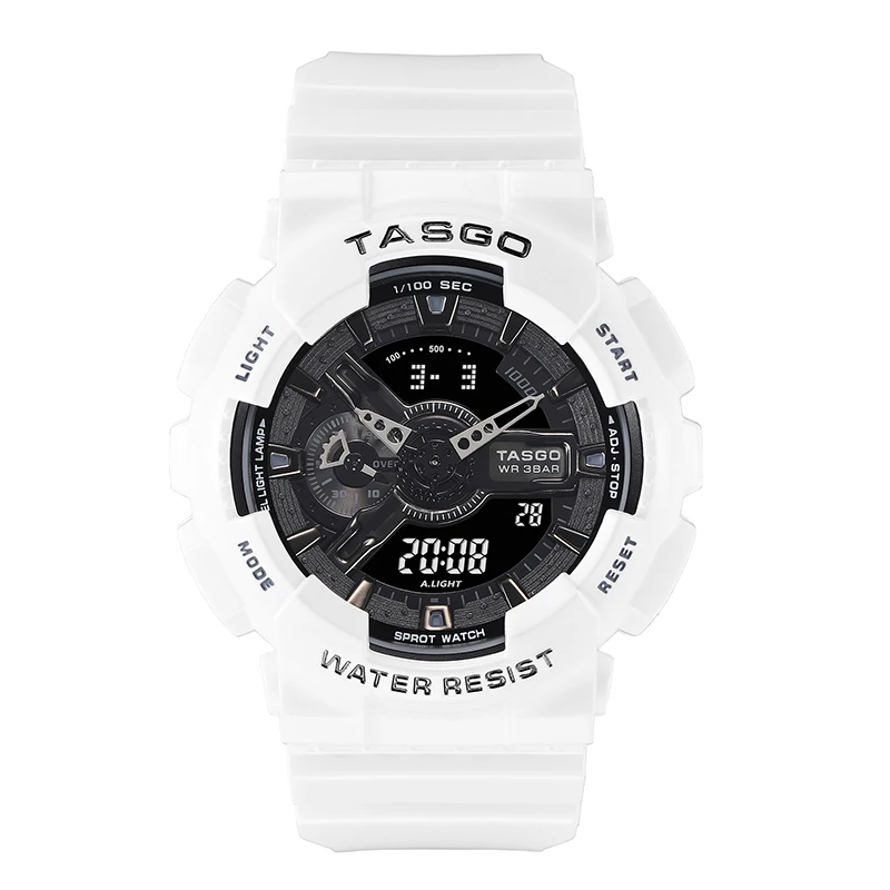 TASGO T100 Sport Men\'s Quartz Digital Watch LED Auto Hand Lift Light Full Function World Time 50MM Large Dial Oak Collection