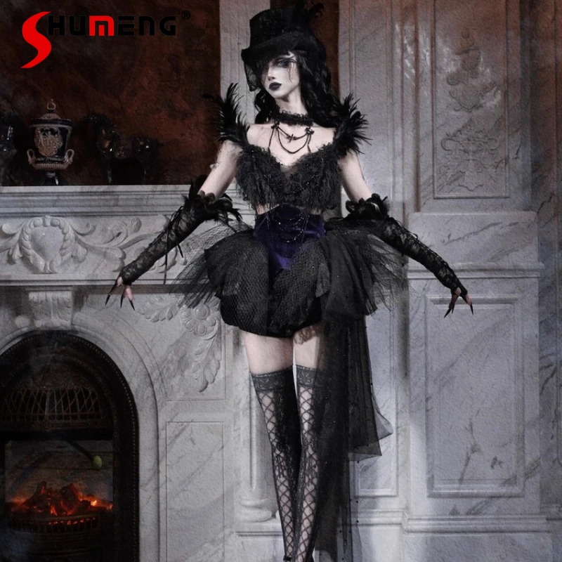 

Halloween Cos Women's Outfits Original New Black Gothic Dark Feather Beaded Chain Heavy Industry Tops Mini Dress Shorts Set