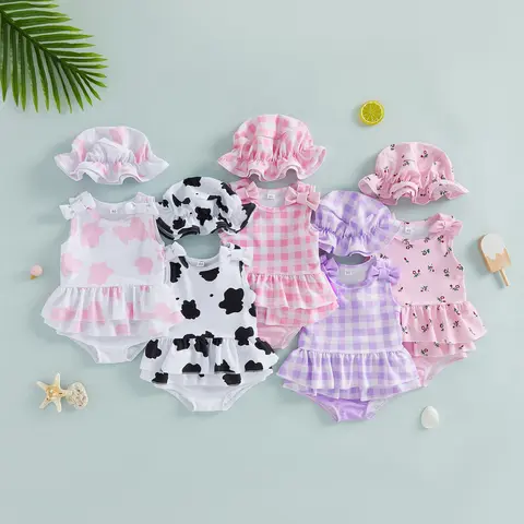 Toddler Baby Girls Swimsuits Cow Printed Sleeveless Ruffles Swim Tops Thongs with Sun Cap 3pcs Bathing Suits Swimwear Beachwear