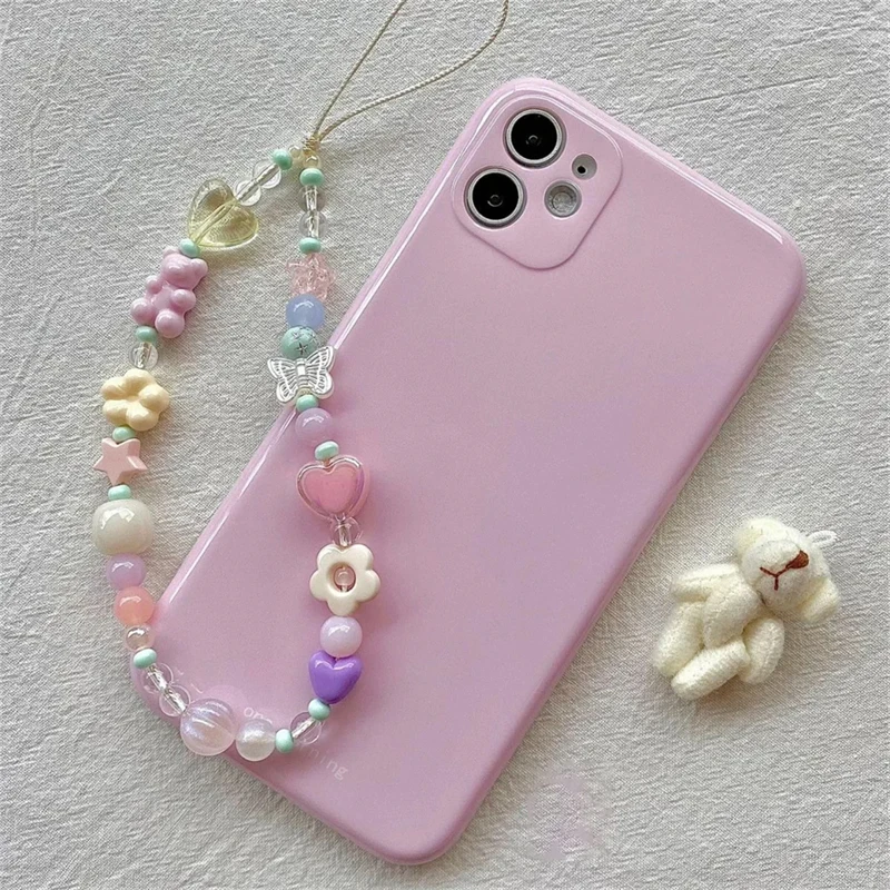 Korea Cute 3D Flower Bear Phone Lanyard For iPhone 15 Samsung Strap Girl Chain Pendant Candy Rope Jewelry Hanging Keychain Charm