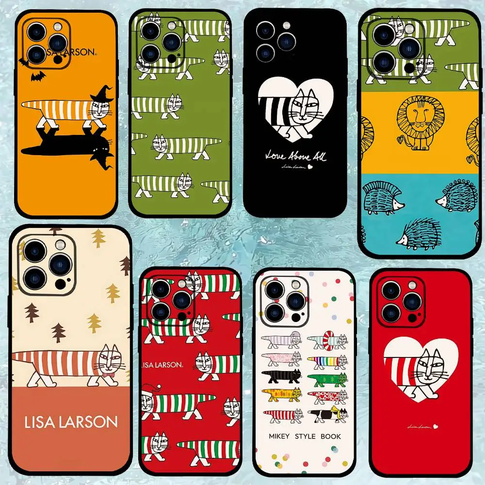 Niedliche Lisa Larson Handyhülle in Schwarz, passend für iPhone 17, 16, 15, 11, 13, 14 Pro Max, Plus, X, Xr, Xs Max, 13 Mini
