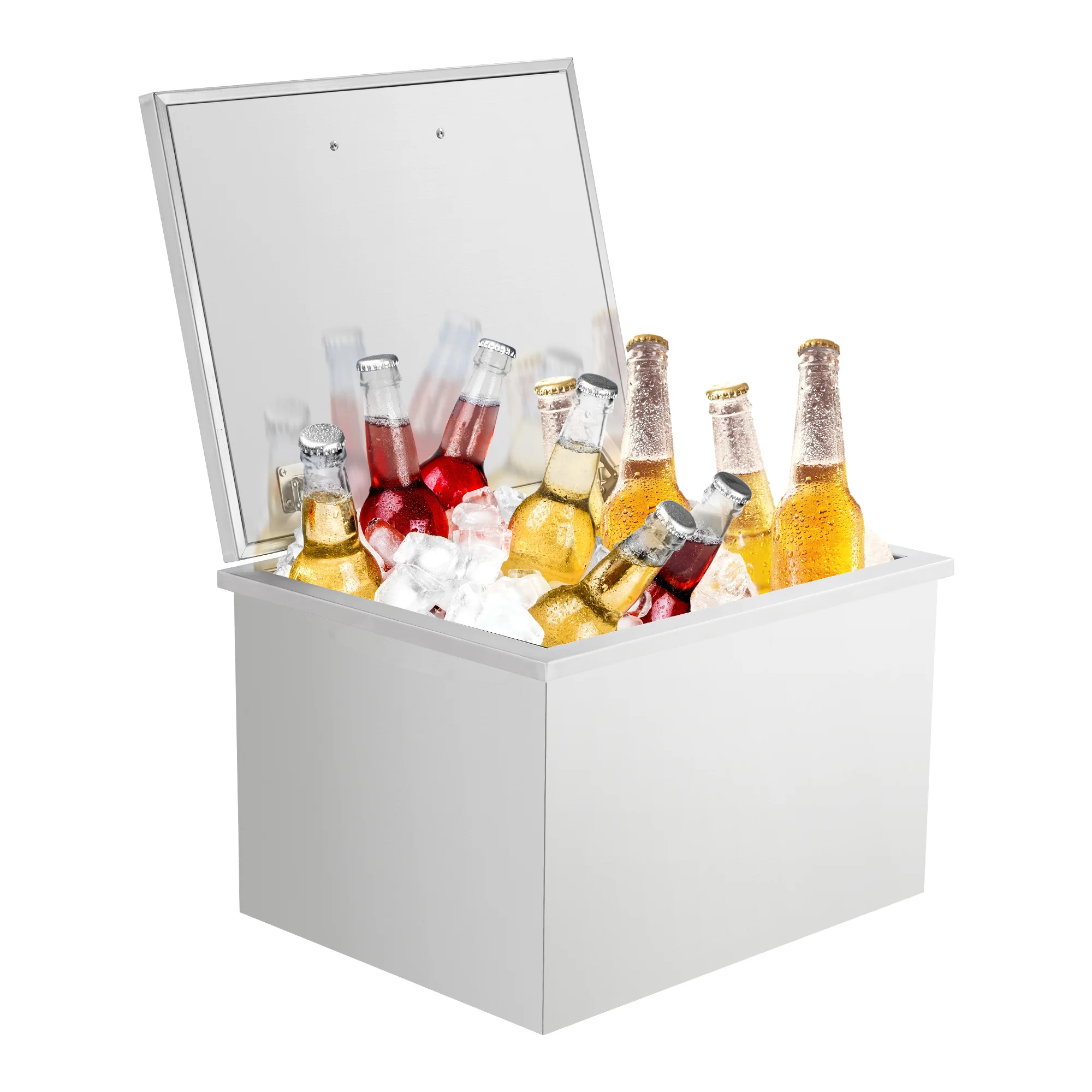 Contenitore per ghiaccio in acciaio inox isolato, da incasso, per cucine da esterno, isole BBQ e bar, con coperchio, tubo di scarico e tappo, isolamento in schiuma PU da 20 mm, mantiene il freddo fino