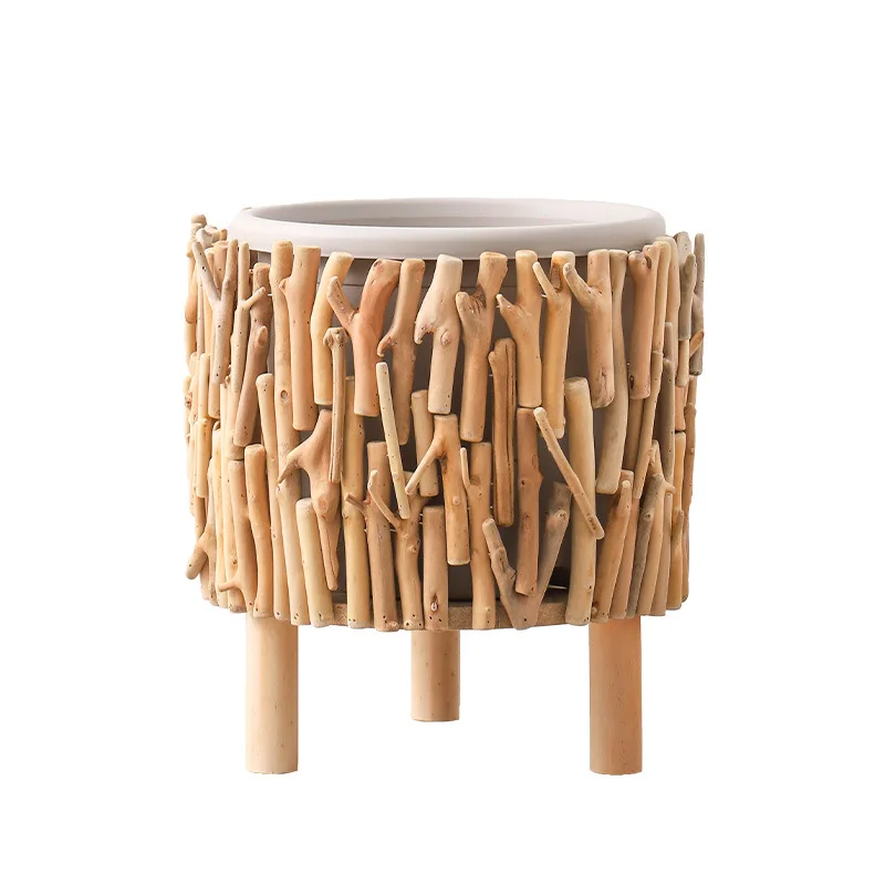 

Nordic style simple floor-to-ceiling flower pot frame balcony log flower basket wooden high flower stand indoor living room