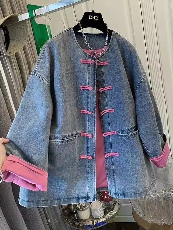 

Large Size Casual Loose Women's Denim Jaet New Chinese Sle Button Decorated Color Blo Outerwear Spring Youth Faion