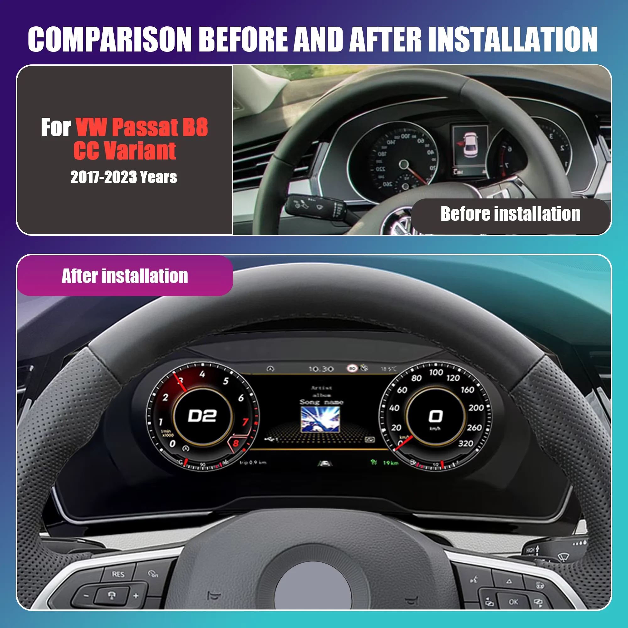 Quadro strumenti digitale LCD da 12,3 pollici per Volkswagen Passat B8 CC Variant 2017-2023, con CarPlay wireless e Android Auto, pannello strumenti e abitacolo.