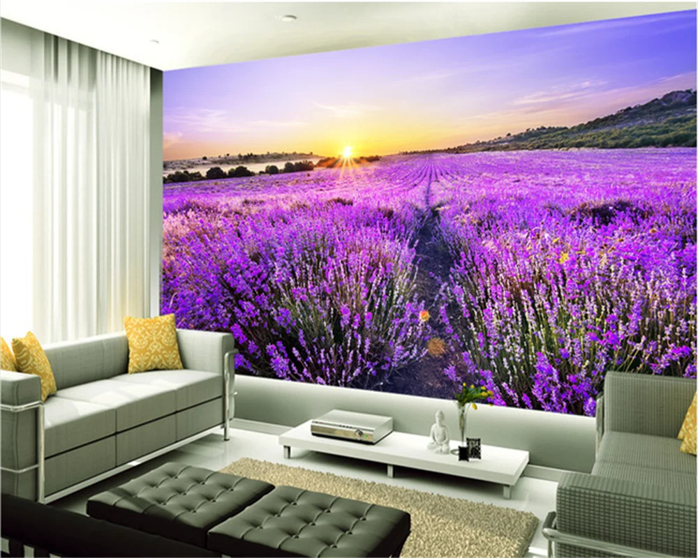 Custom Wallpaper Romantic Purple Lavender Flower Field Golden Sunrise Bedroom Sofa Background Wall Decorative Painting Mural