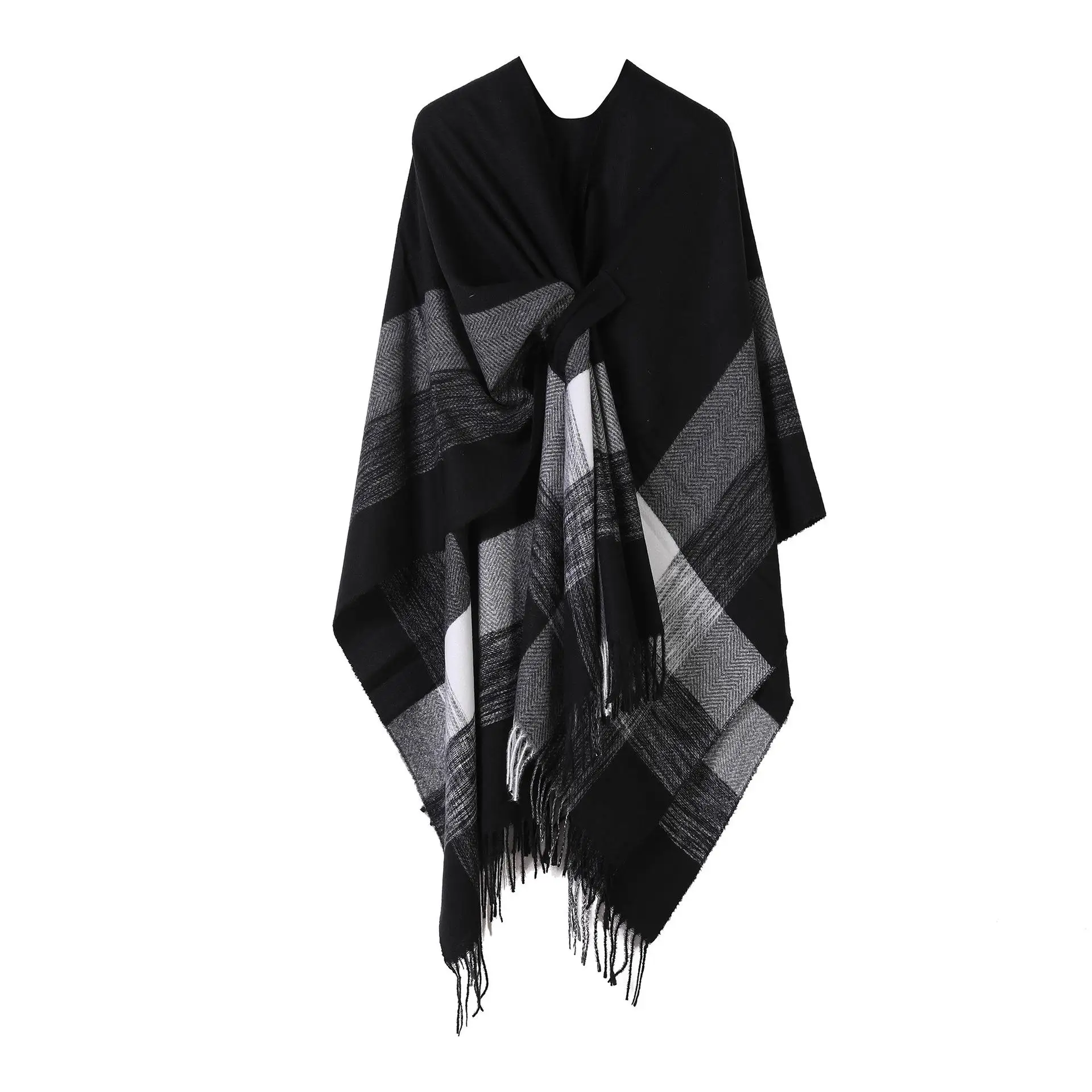 

Women's Tassel Cape awl-Imitating Warm Woolen-Sle Autumn Spring Season Plaid Patterned Wrap Versatile Faion Accory