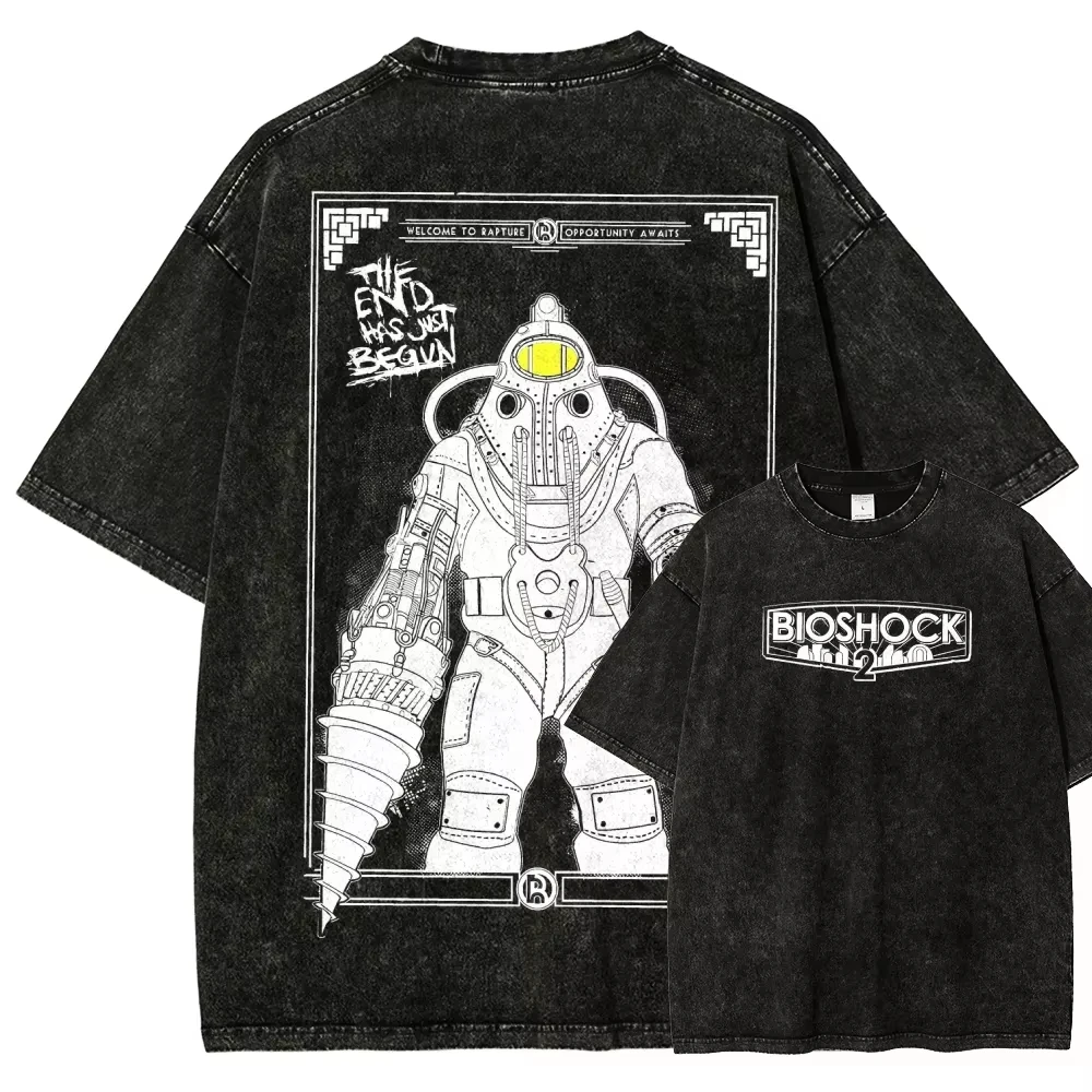 Klassisches Retro-Shooter-Spiel Bioshock Grafik-Print T-Shirt für Männer und Frauen Neues Harajuku Übergroßes Unisex-Paar-T-Shirt im Used-Look – Detail 3