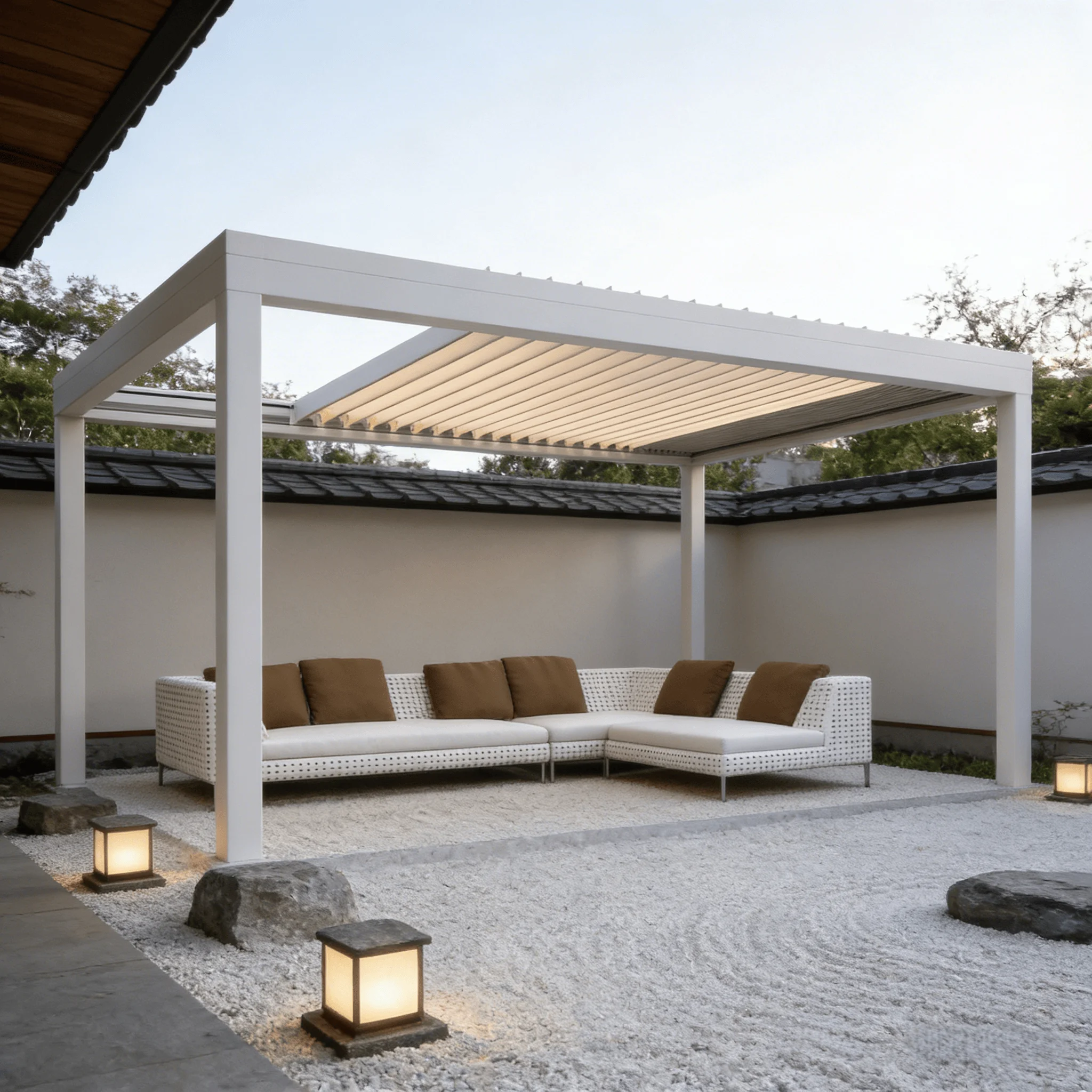 

Exterior Sun Shade Pergola Aluminium Louvered Gazebo Motorized Waterproof Bioclimatic Pavilion Suitable for Household Use