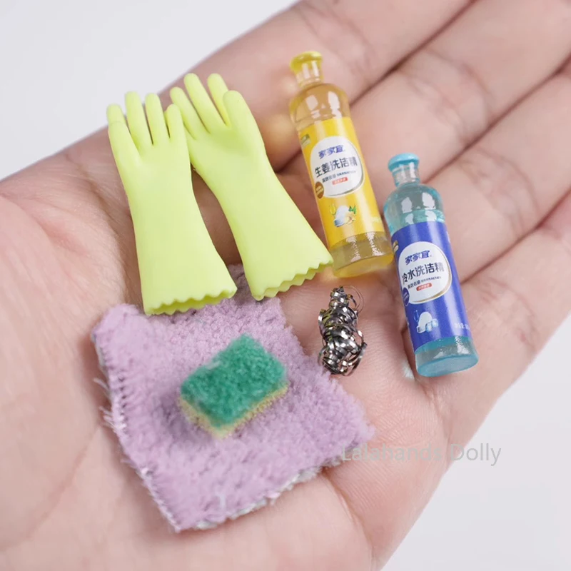 Dollhouse Miniature Kitchen Toy Accessories Scene Props Mini Dish Gloves Cleaning Set Model Furniture Decoration