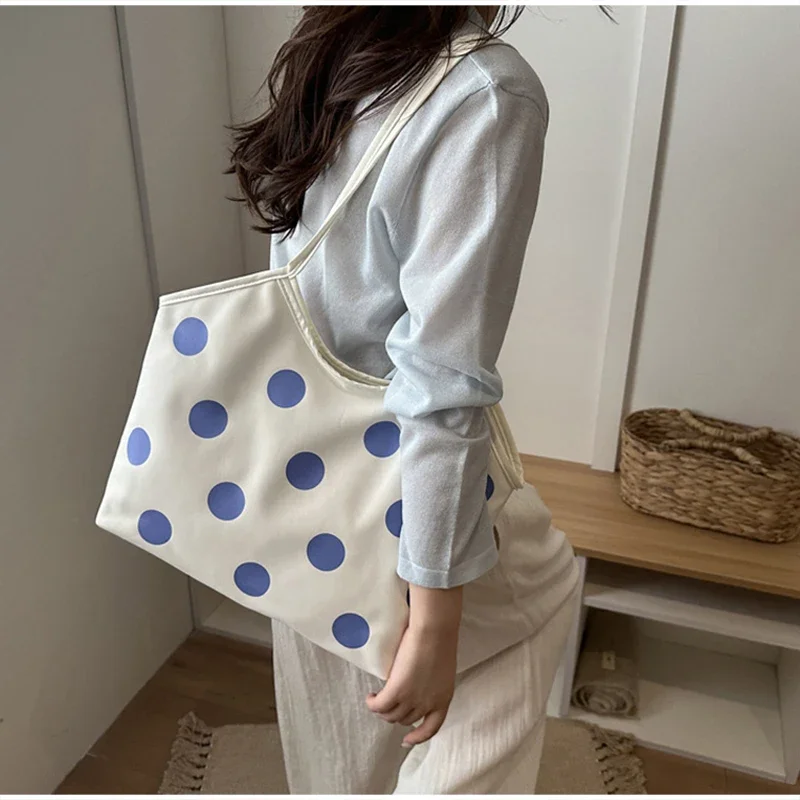 Koreanische Schultertasche mit Polka-Dot-Muster, Vintage-Kunsthandwerkliche Canvas-Tragetasche für Damen, lässige Alltagstasche mit Henkel. – Detail 6