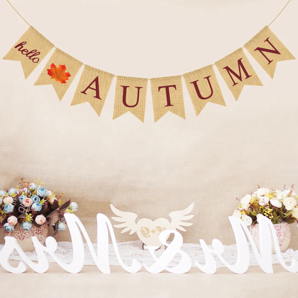 HELLO AUTUMN Brown Letter Printing Banner Maple Leaves Bunting Linen Swallowtail Garland Fall Festival Flag Party Supplies