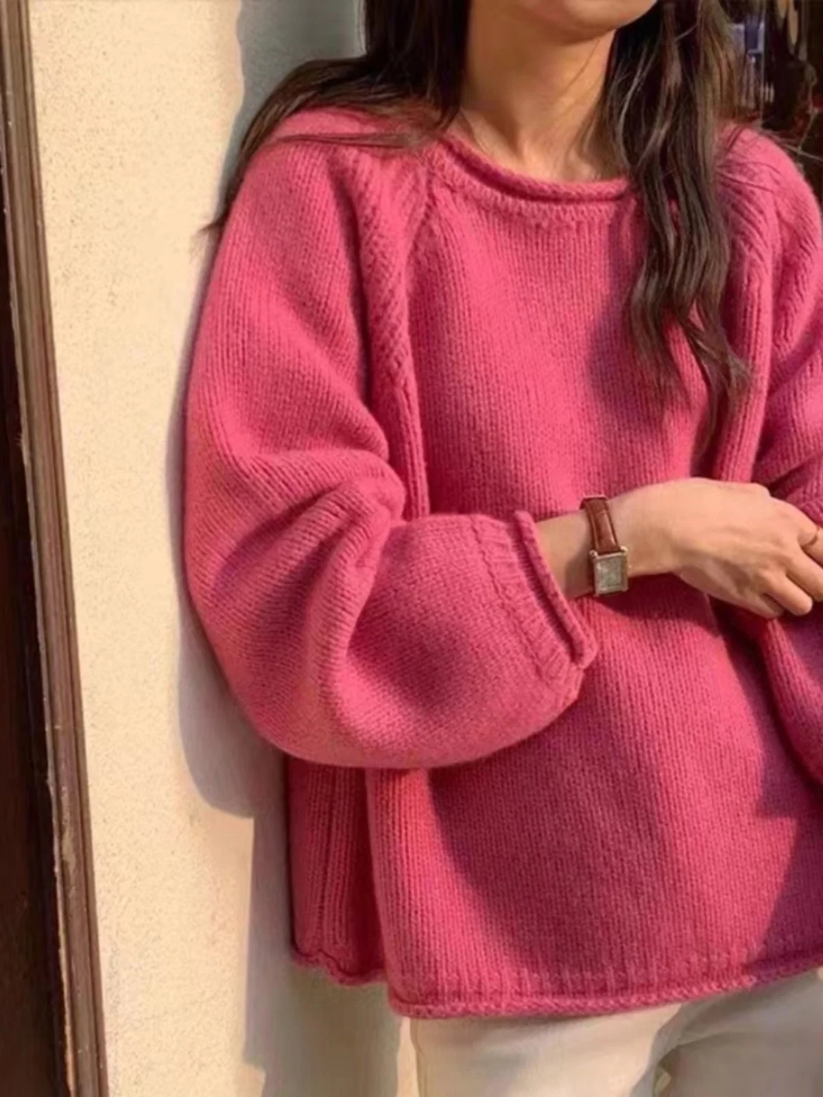 

Loose Fit Korean Sle Red Knitted Sweater Women's Spring Autumn Wear Outerwear Cuffed Lazy Sle Long Sve round Ne Top