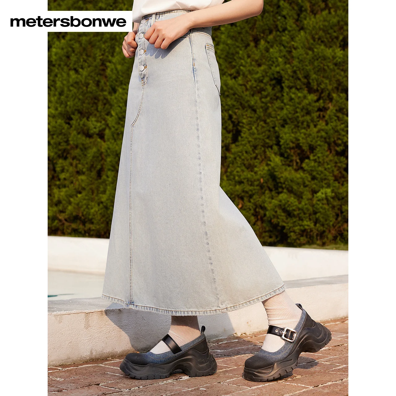 Metersbonwe-Women's 100% Cotton High-Waisted Denim Skirt A-Line Flared Long Regular Fit Skirts Elgant Office Lady Four Seasons