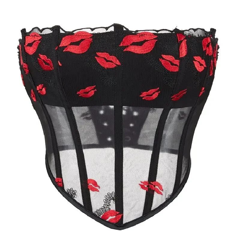 

Corsets Crop Top Underbust for Women Transparent Mesh Red Lip Print Pattern Waist Cincher Bustiers Sexy Slim Chic Small Top