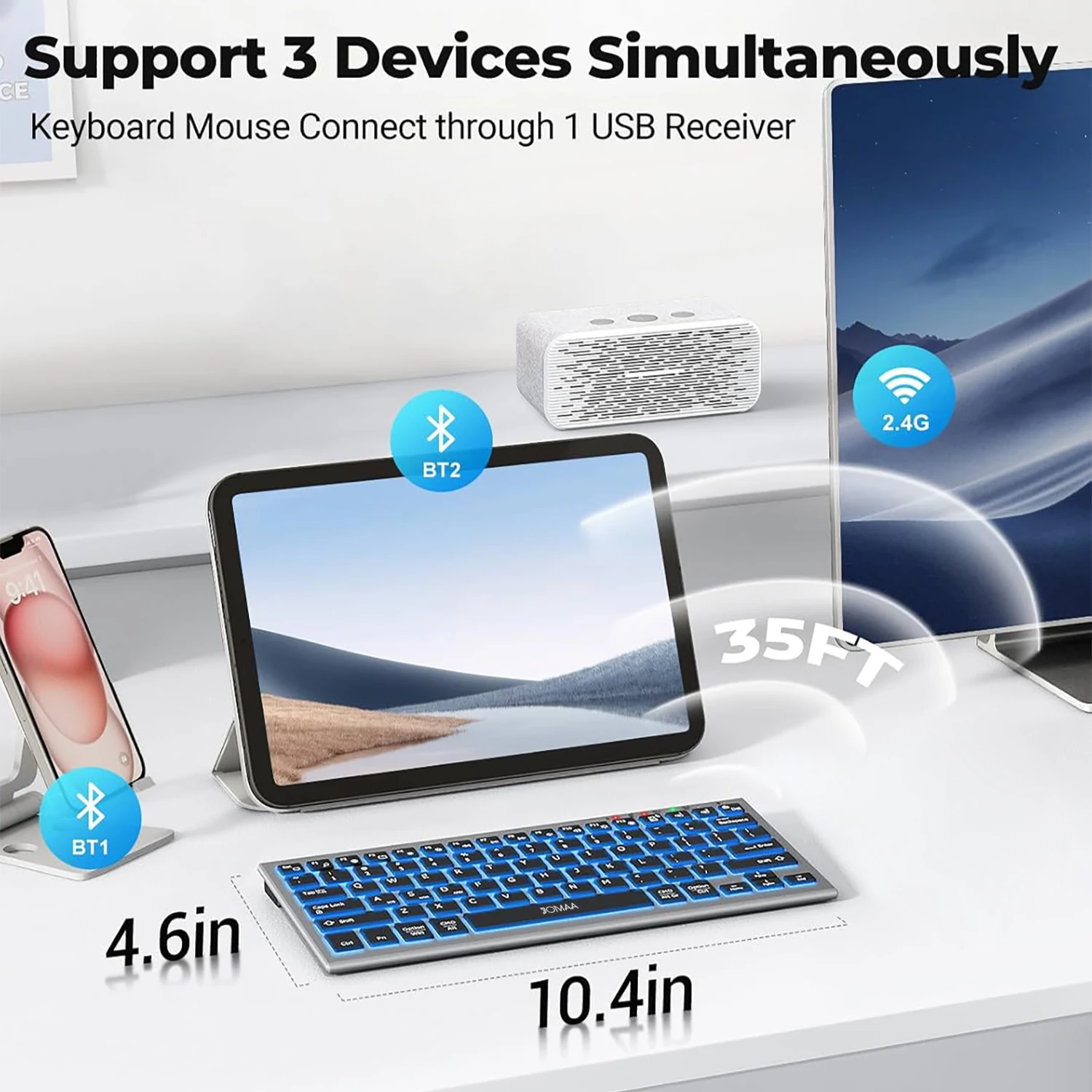 Ergonomic Bluetooth&2.4G Wireless Compact Keyboard with LED Backlit,Rechargeable Portable 81 Key Travel Keypad for Window/Mac OS