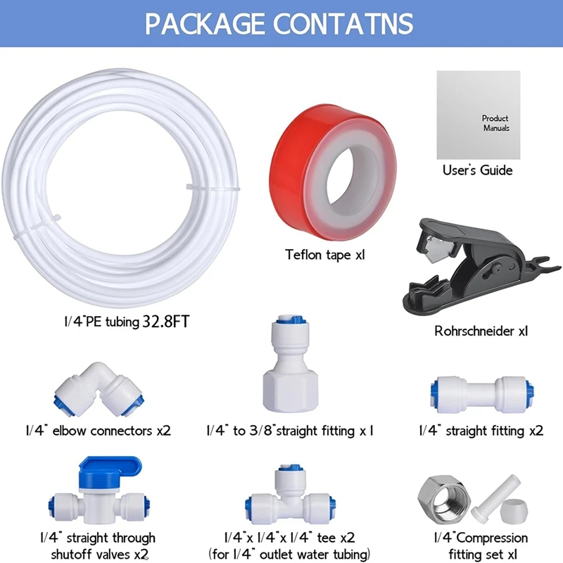 Kit de línea de agua para refrigerador de 32,8 pies, Kit de línea de agua con diámetro exterior de 1/4 pulgadas para nevera, sistema de ósmosis inversa, filtro de agua-AT64