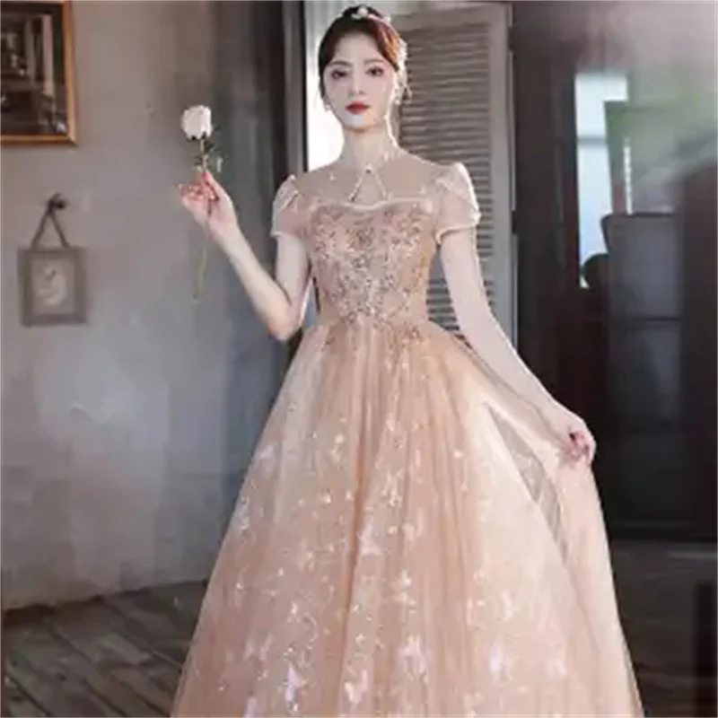 2025 Summer Cheongsam Evening Dress, Female New Style, High end, Niche Temperament, Banquet Host, Art Exam Dress,  A-line Skirt