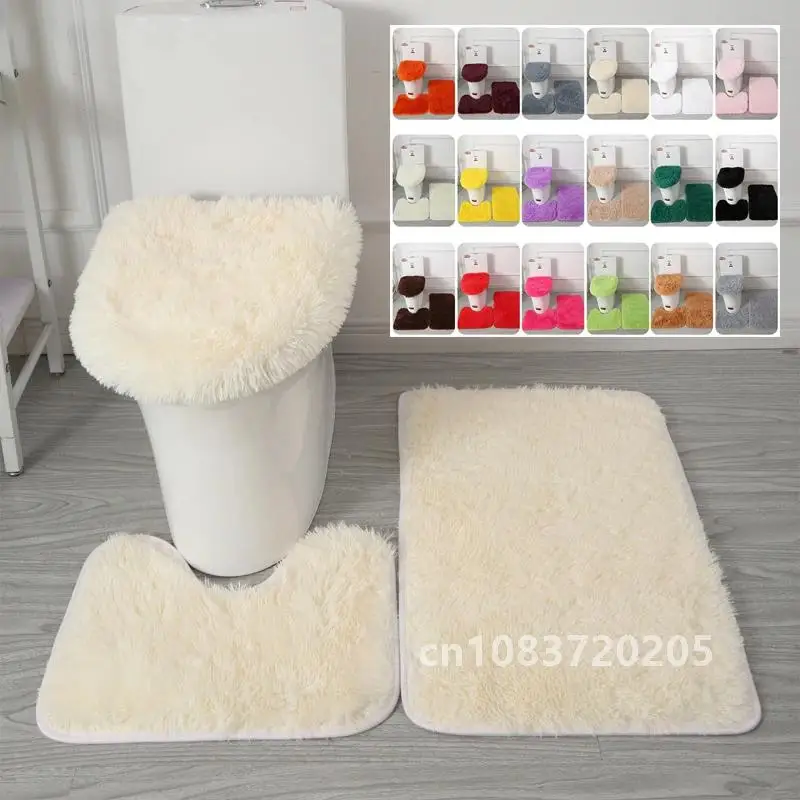 

3PCS/set Solid Color Home Carpets Toilet Lid Cover Rugs Kit Non-slip Foot Mat for Bathroom Floor Bath Rug Foot Mat