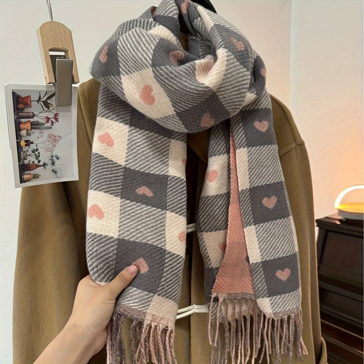 

1pc Women's Elegant Winter Scarf - Black & White Checkered with Pinkish-Brown Hearts - Non-Stretchy Shawl Wrap for Formal