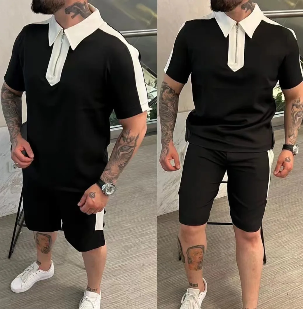 2024 New Summer Men's Suits Short-sleeve Zip Polo Shirt And Shorts Two Piece Sets Casual Clothing Patchwork Color Sportswear