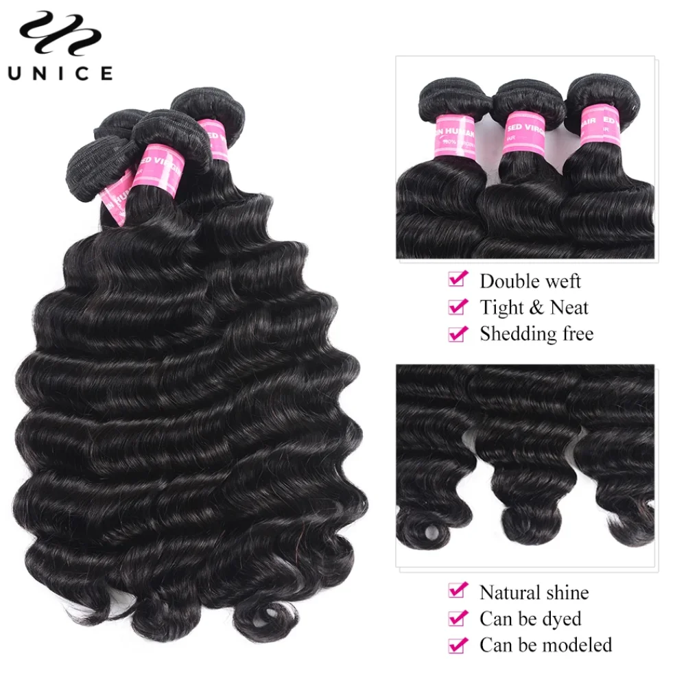 Unice solto onda profunda Pacotes de cabelo, 100% cabelo humano, costurar em tece, cor natural, virgem, 12-26 em, 3PCs