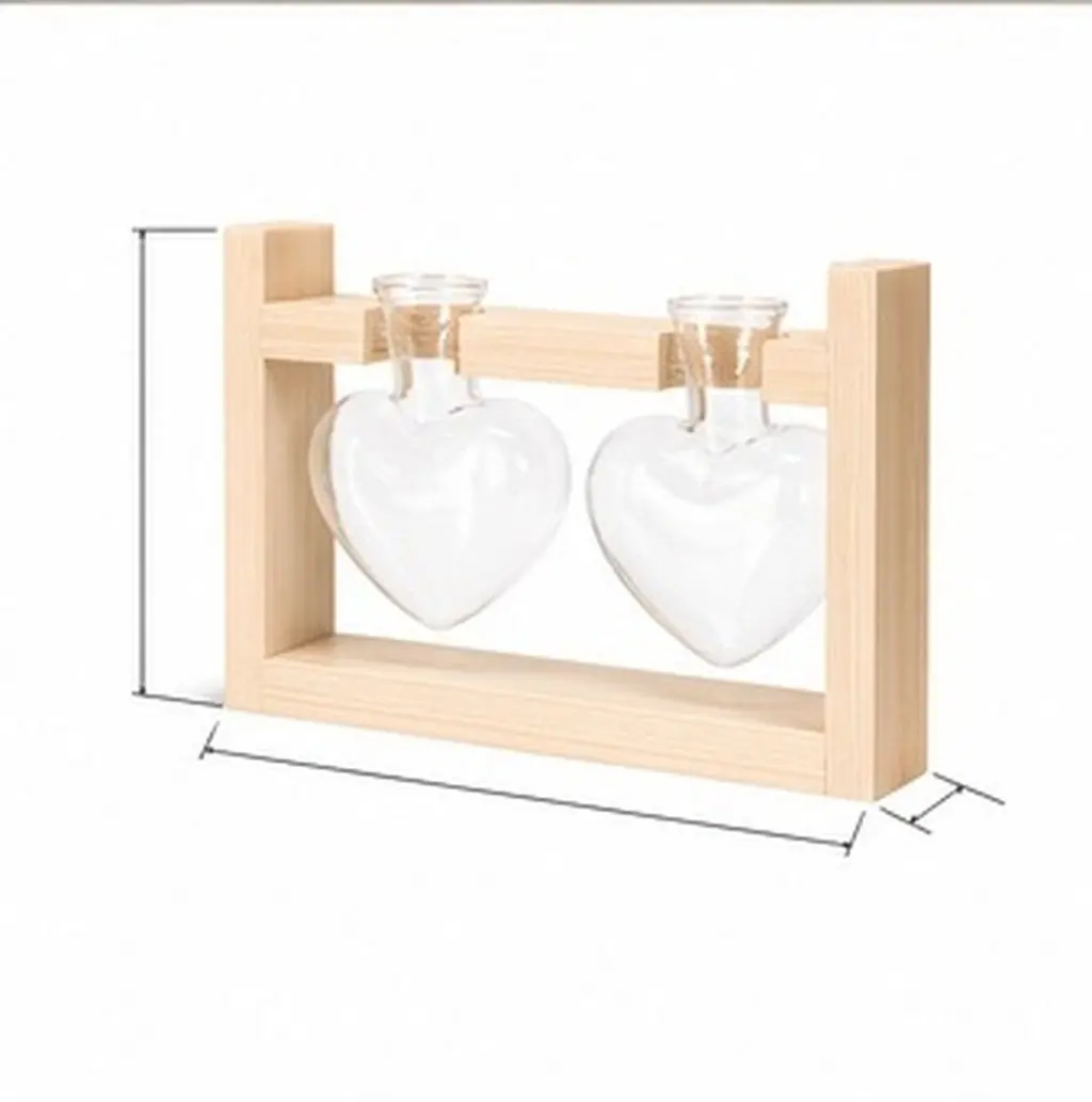2Pcs Original Wood Frame Glass Vase Hydroponics Container Flower Planter Heart Shape Log Color for Birthday Wedding Home