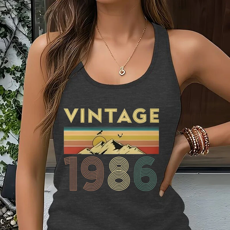 Women 1986 Retro Mountain Sunset Print Tank Top Harajuku Birthday Year Gifts Tshirts for Mom Mama Casual Women Sleeveless Vest
