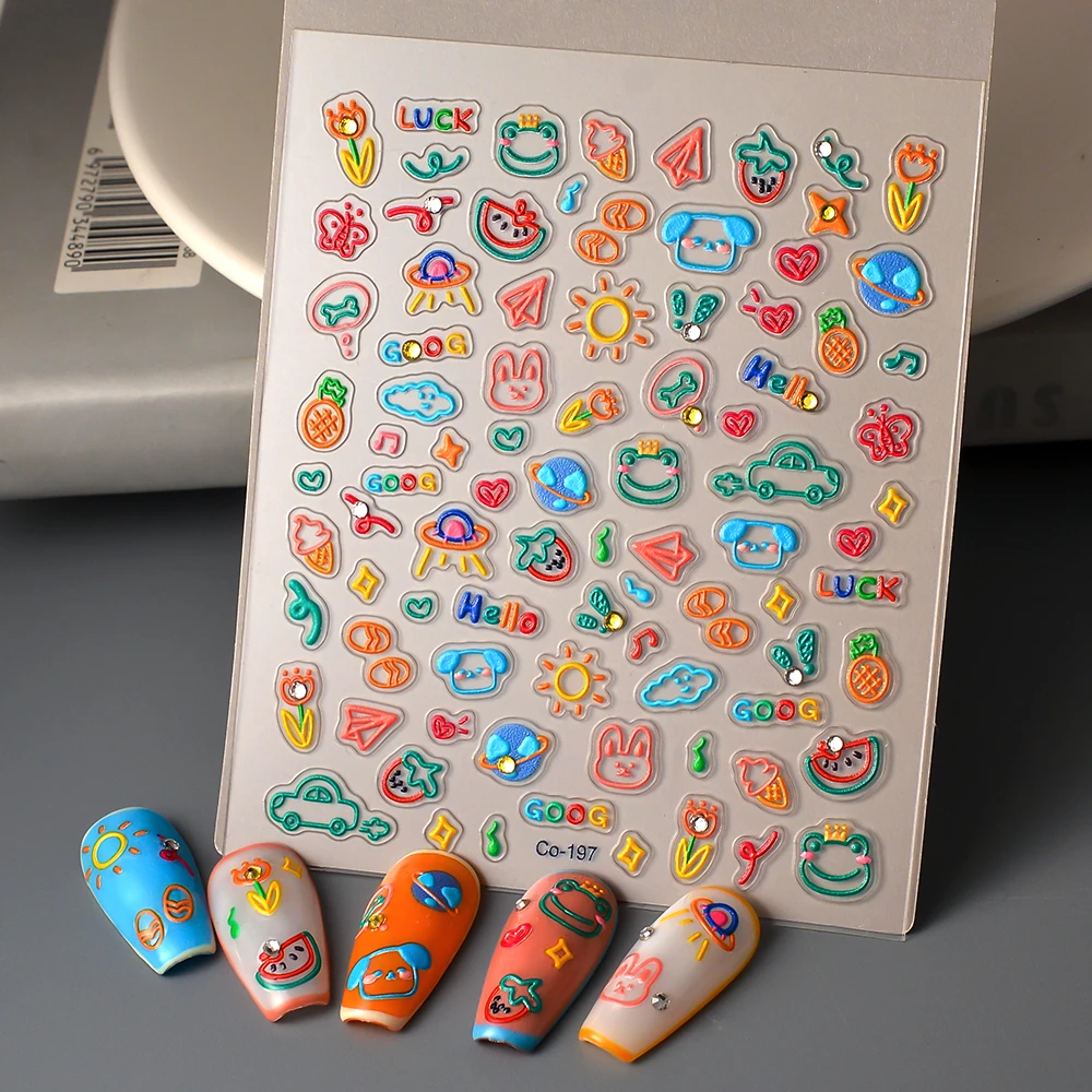 Cartoon Design Children Nail Sticker Colorful Flower Icecream Planet Watermelon Nail Art Decals DIY Self-adhesive Slider CO-197