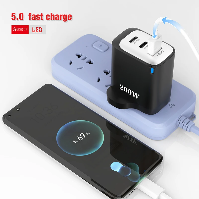 200W 1 USB+2 Type-C 3 Ports Fast Charger Phone Power Adapter EU/US/UK Plug Wall Charger For Xiaomi iPhone Samsung Huawei/Tablets - náhled 3