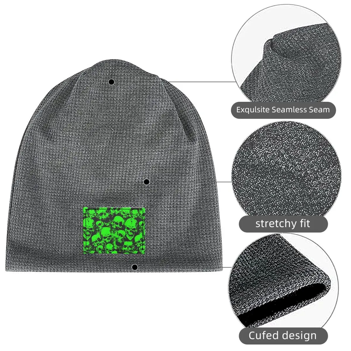 Ghost Skull Print Luminous Horror Night Halloween Waffle Knit Fleece Lined Beanie with PU Leather Patch Warm Winter Soft Cap