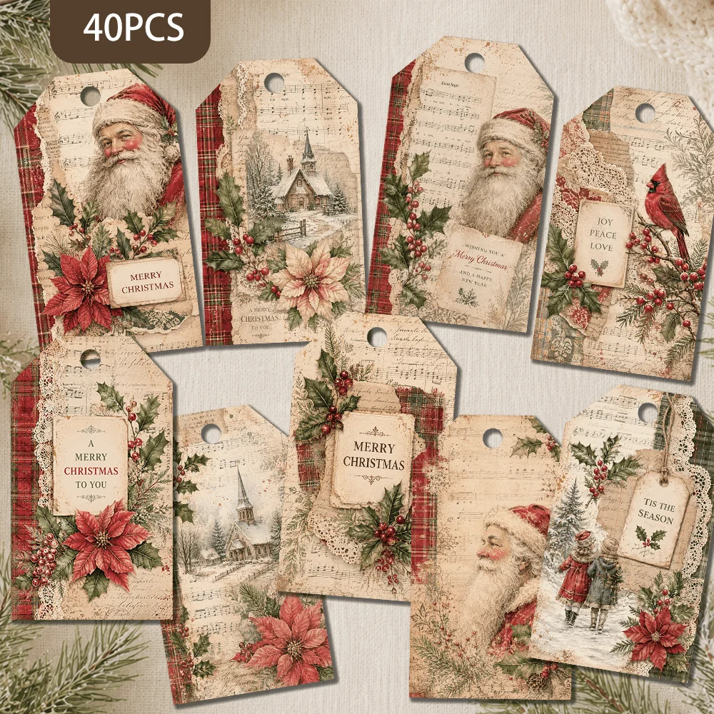 40pcs,Vintage Sheet Music Christmas Decorative Tags,Holiday Gift Labels,Party Decorations, Handmade Packaging Accents, Jute Rope