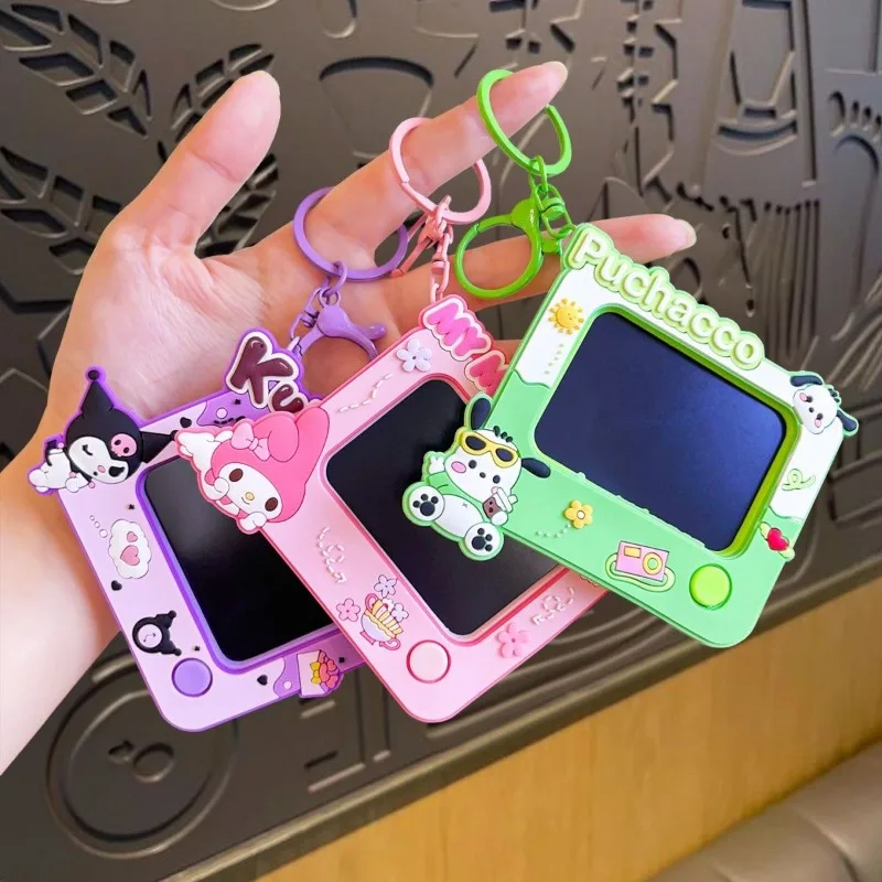 Cute Kuromi Print Mini Drawing Board Keychain for Women Girls Kawaii Cartoon Tiny LCD Writing Tablet Keyring Purse Charm
