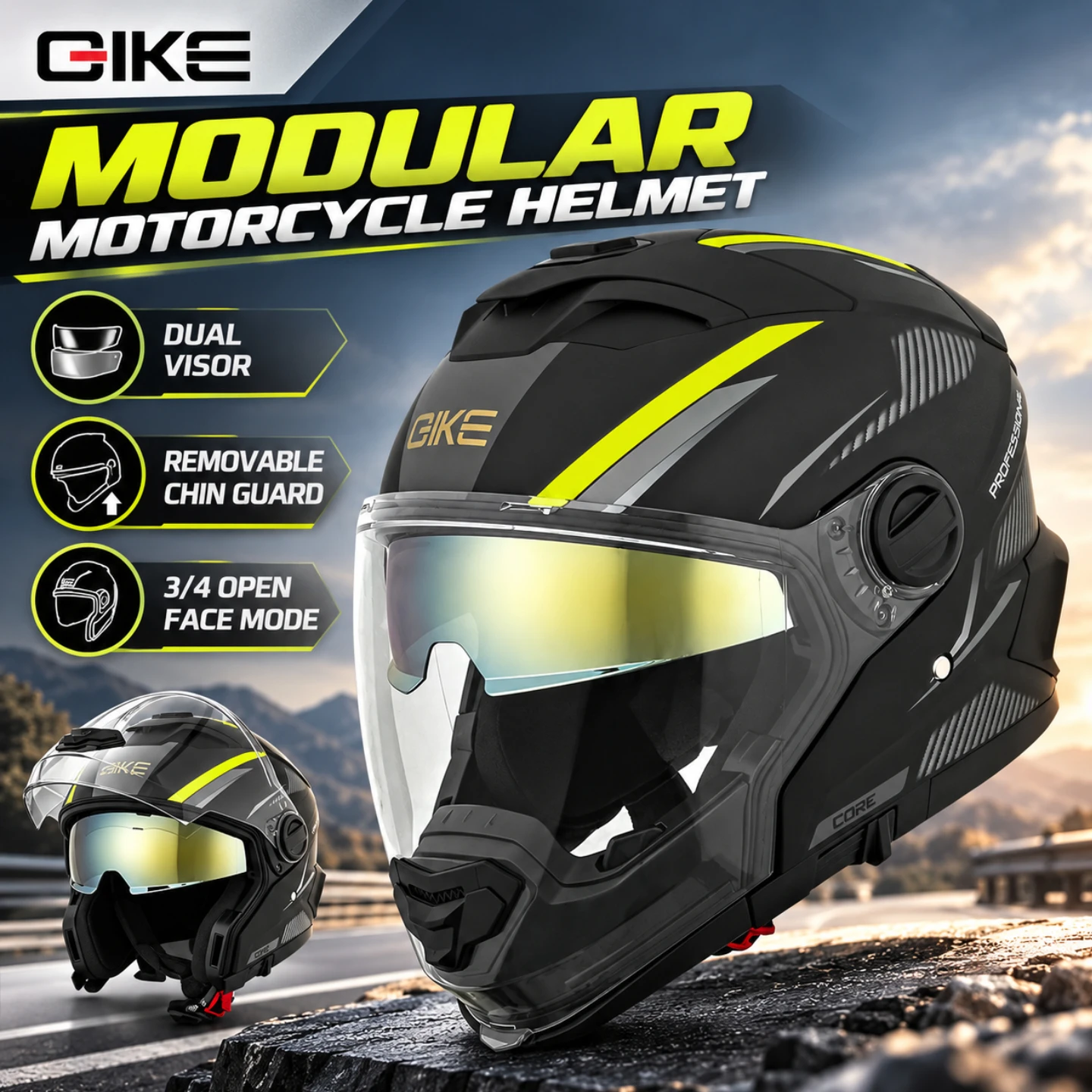 Motorcycle Helmet Dual Visor Removable Chin Guard 3/4 Open Face Motorbike Riding Helmet for Men Women