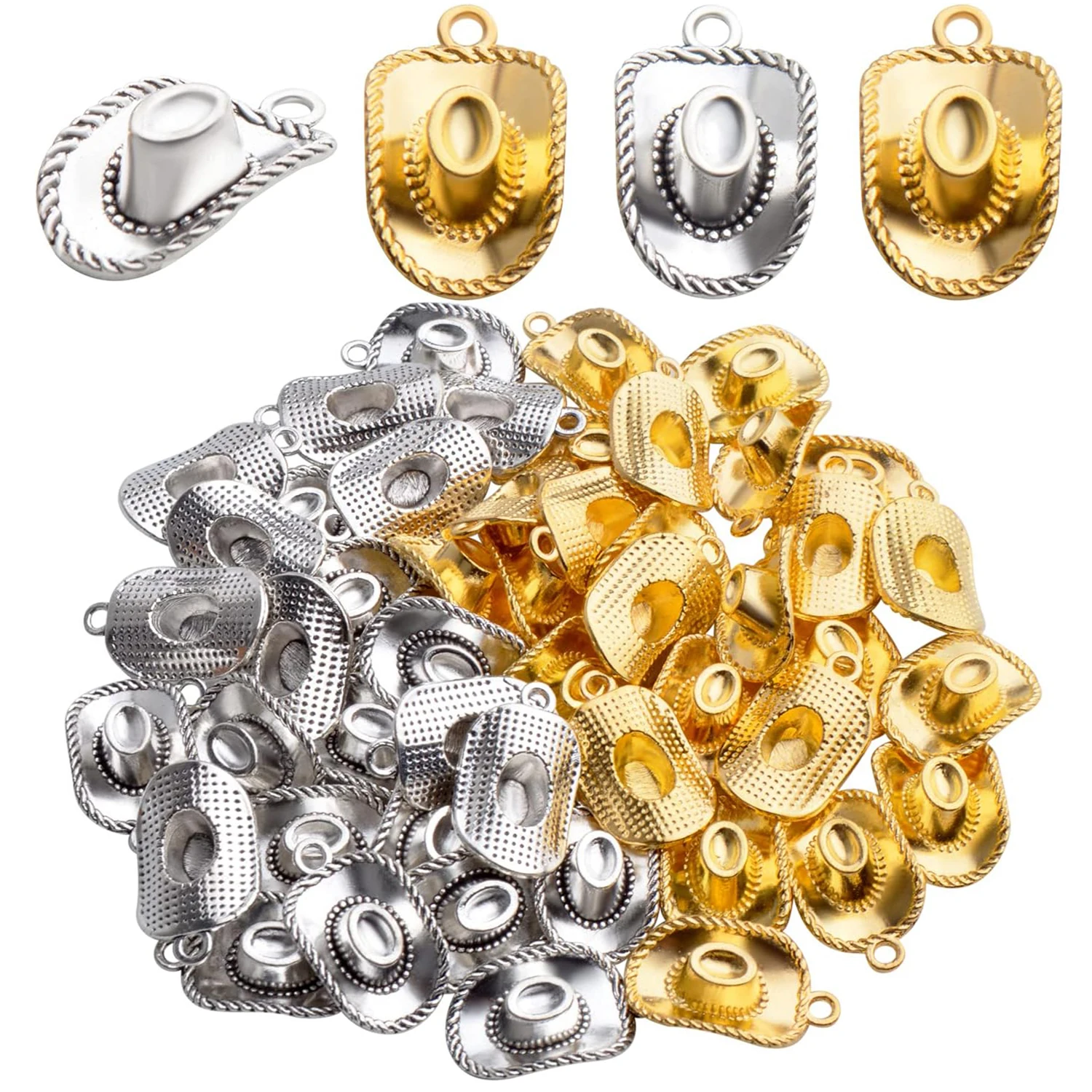 

50 шт. подвесок-шармов в виде ковбойских шляп, подходят для изготовления ожерелий, браслетов и украшений своими руками, золотистого и античного серебряного цвета, 22 мм × 13 мм