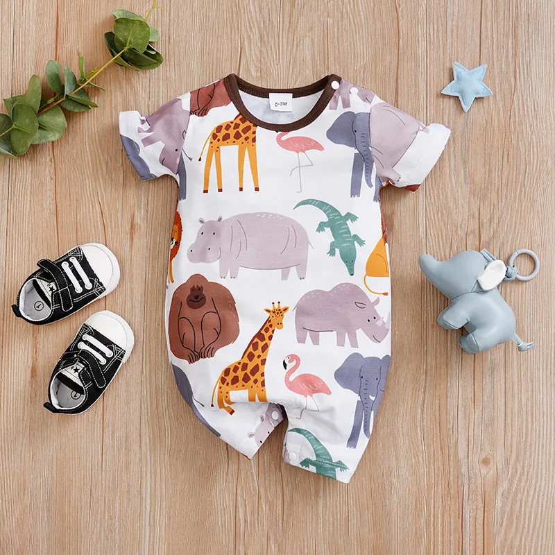 Newborn Summer Bodysuit Short Sleeve 0-36M Cute Animal Full Print Round Neck Comfortable and Breathable Baby Boys and Girls