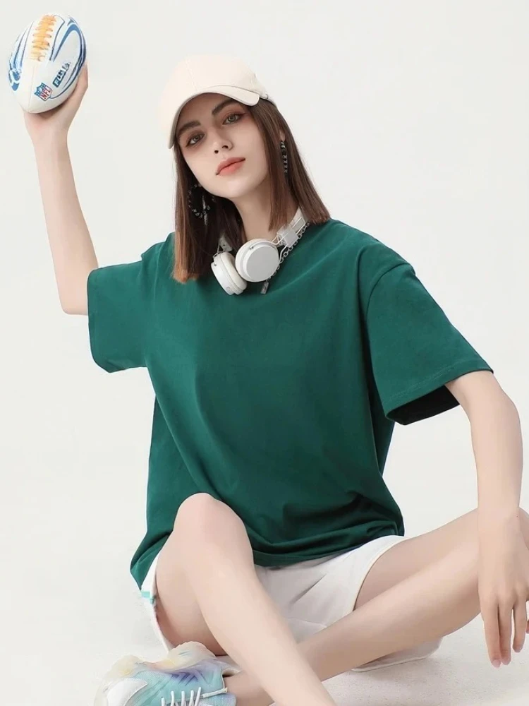 Female Dark Green Loose Fit Casual Soft Tees 2026 Summer New Women Solid Cotton T Shirts Unisex Short Sleeve Tops