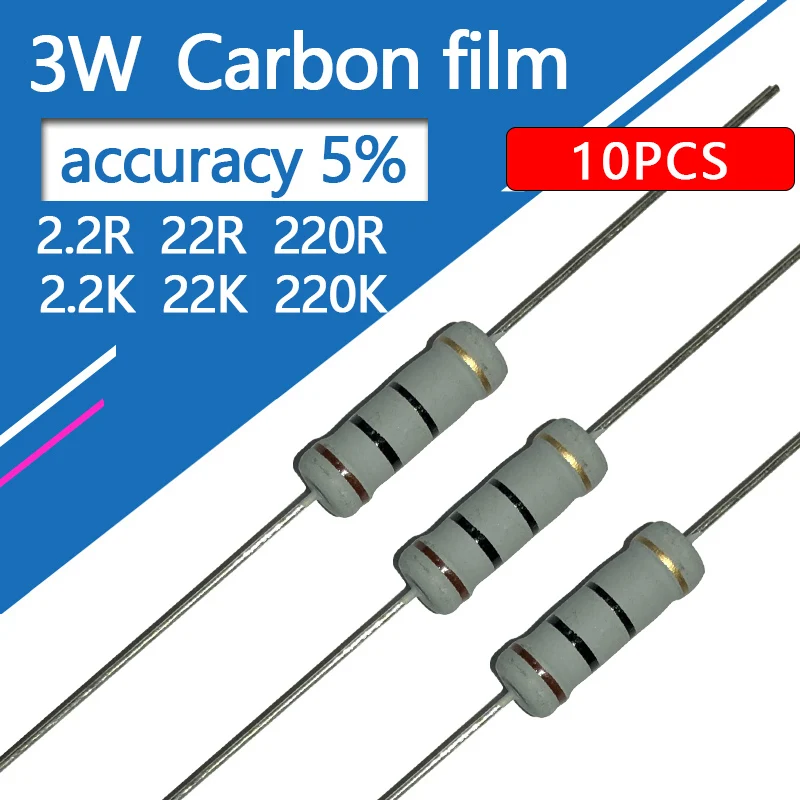 Resistor do filme do carbono, resistência do ohm, 5%, 1.8r, 2r, 2.2r, 1k8, 2k, 2.2k, 18, 20, 22, 180, 200, 220, R K, 1r8, 2,2, 2ohm, 110r, 130r, 470r, 10 PCes, 3W