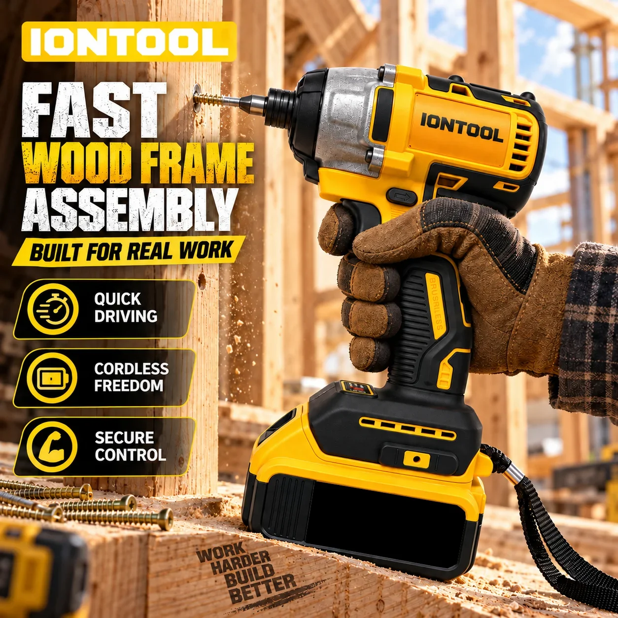 IONTOOL Portable Yellow Cordless Impact Driver 2800bpm For Metal Frame Bolting and Scaffold Assembly and Bolt Fastening Tasks