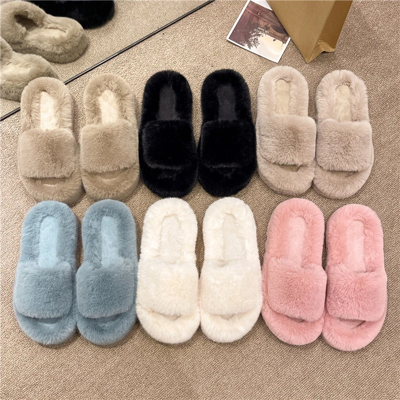 Women Furry Cute Fluffy Home Slippers Sabot Platform Hairy Plush Middle heel Fur Flat Shoe Light Soft Winter Casual Comfortable