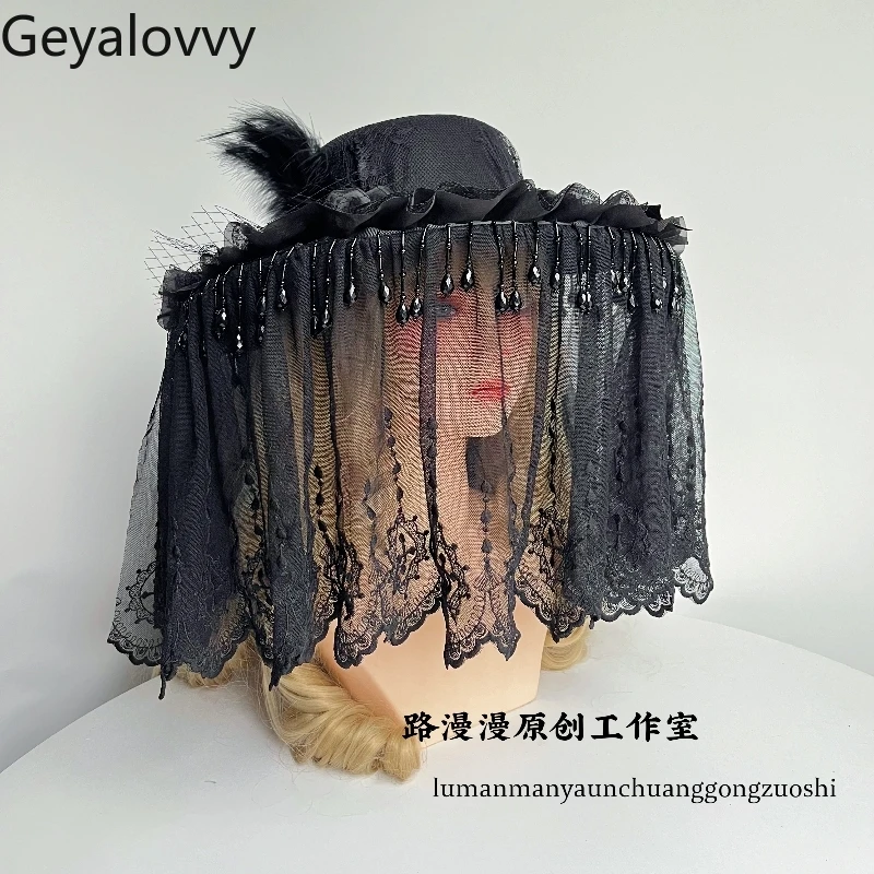 일본식 오리지널 로리타 수제 고딕 진주 드리 워진 레이스 모자 달콤한 소녀 검은 꽃 깃털 사진 액세서리