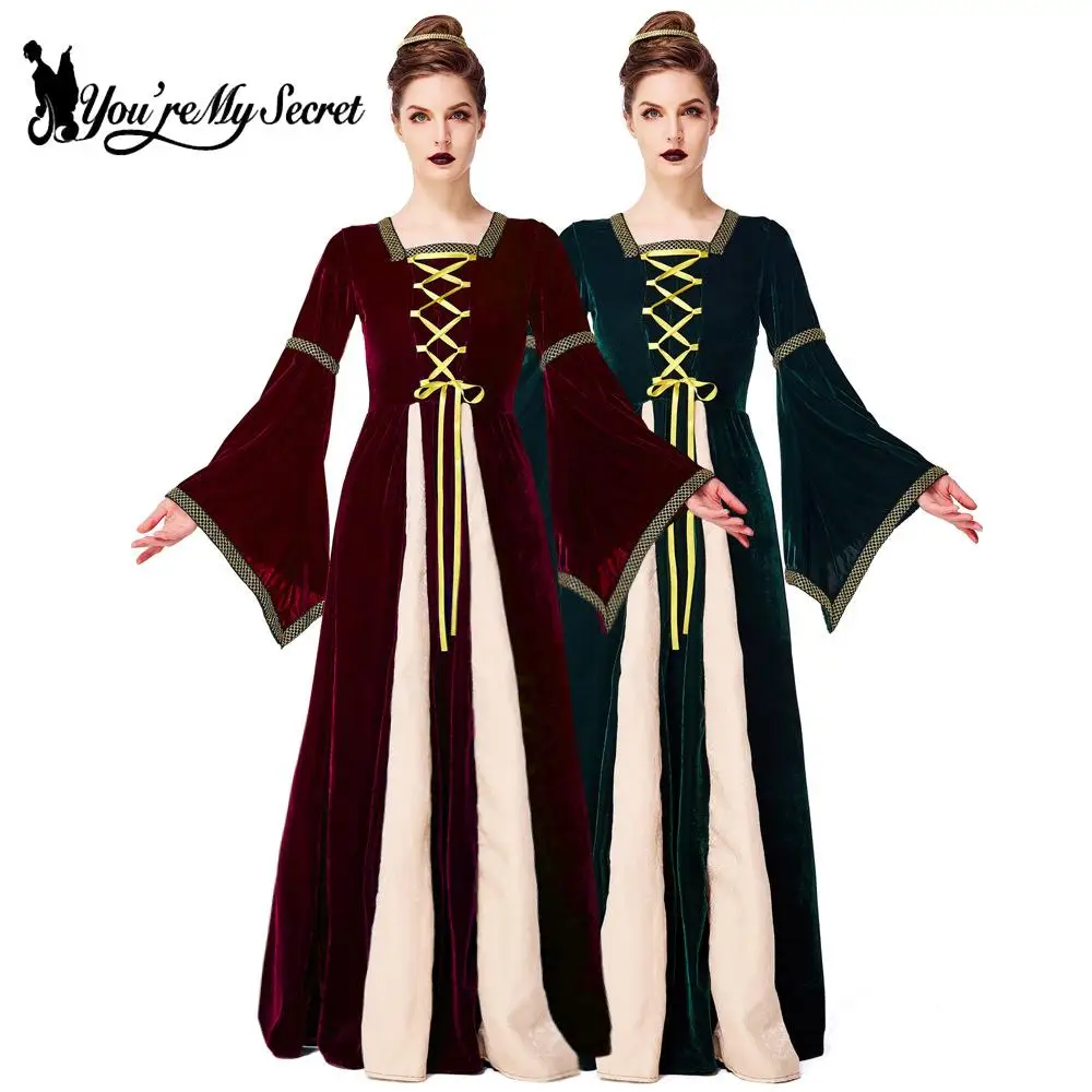 [You're My Secret] Vintage  Medieval Dress Halloween Cosplay Costume Dark Green Elegance Long Dresses Adult Stage Show Costumes