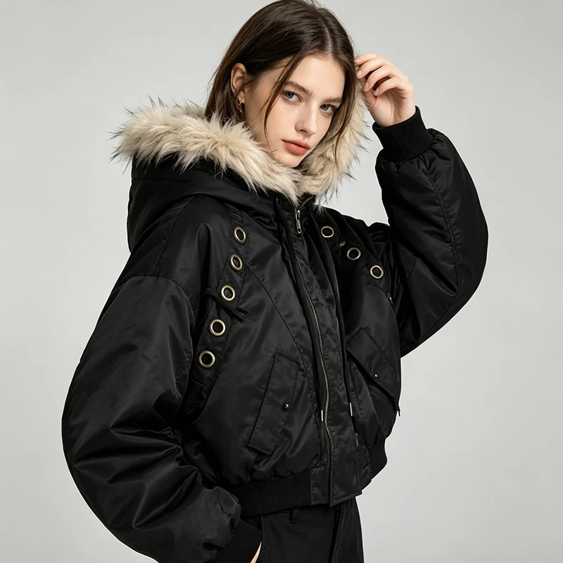 Y2K women's winter faux fur collar decorative hood, cotton padded jacket, rivet decoration, multi pocket street wear, windproof