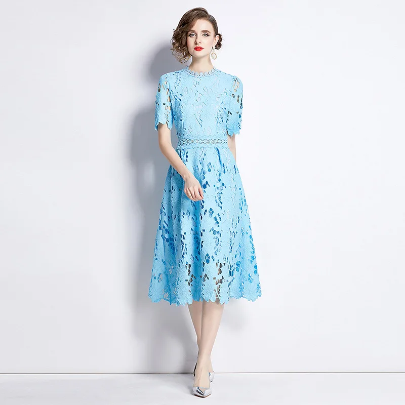 

Blue Dresses French Retro hollow Embroidery Dress 2024 Spring Fall Lace Splicing Receiving Waist Mid-Length Large Swing Skirts