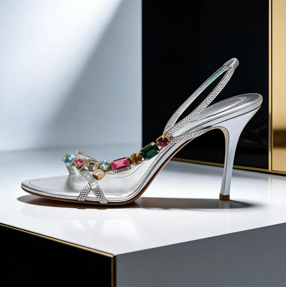Silver Metallic Crystal-Embellished Sandals Multicolor Gemstone Straps Stiletto Heel Elegant Summer High-Fashion Lady Sandals - view 5