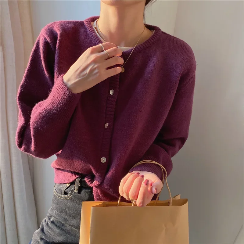 Autumn and Winter Korean cardigan O Neck Solid Color Long-Sleeve Cardigan Sweater Short Loose Full Sweater Knitted Jacket Women